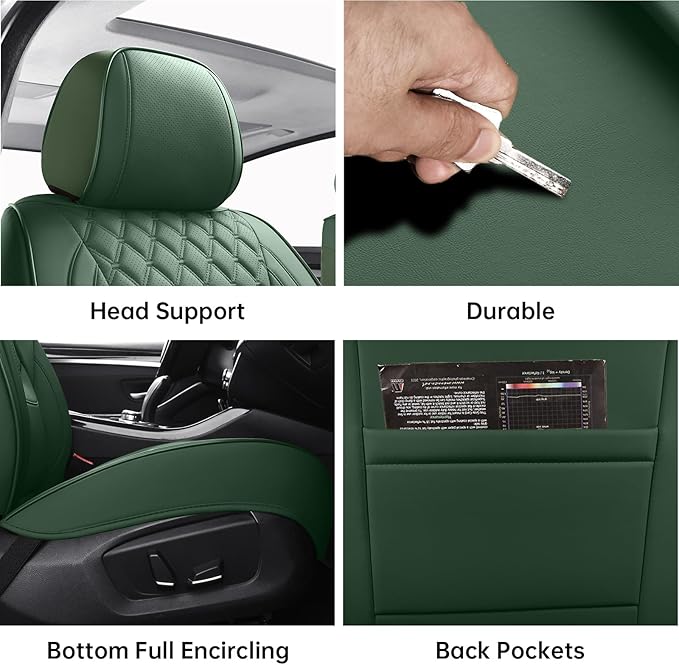 Car Seat Covers Full Set Purple, Luxury Faux Leather Waterproof Non-Slip Women Seat Protector Universal Fit for Most Cars SUVs Trucks Pick-ups,Car Interior Accessories (Green-Full Set)