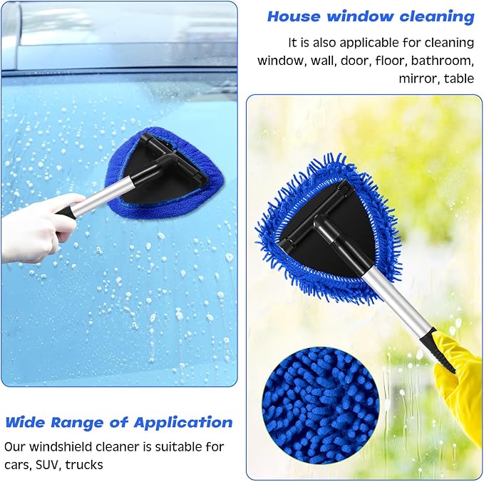 Baderke 9 Pcs Car Windshield Cleaner Tool Kit with with Extendable Handle, Microfiber Towel Pads, Sponge, Ventilation Brush, Empty Spray Bottle for Auto Glass Wiper Suvs Rvs & Home Windows(Blue)