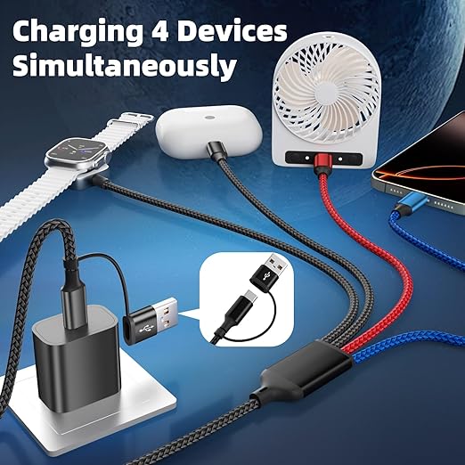 Travel Essentials Dual Type-C Port 4 in 2 Multi Charging Cable for iWatch Charger/iPhone17/IP, Cruise Essentials 2026, USBA/USBC Cable for iWatch Ultra/SE/11-2, iPhone17-8, GalaxyS26, Car- 2Pcs 5FT