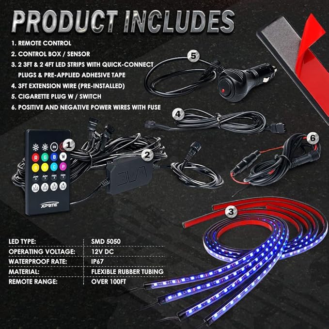 Car Underglow Kit, Xprite 4 Pcs Car Underglow Neon Accent Strip Lights 8 Color 252 LEDs RGB Sound Music Function with APP & Remote Control Underbody Light Strips for SUV Truck w/6FT Extension Wire