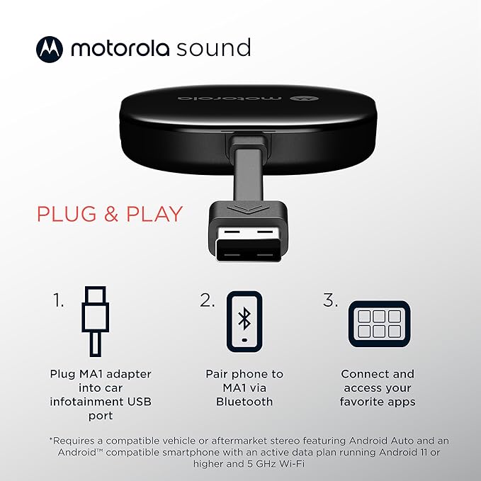 Motorola Sound MA1, the Only Google Authorized Wireless Android Auto Car Adapter, Smartphone to Screen Wireless Bridge Car Accessories, USB Type-A