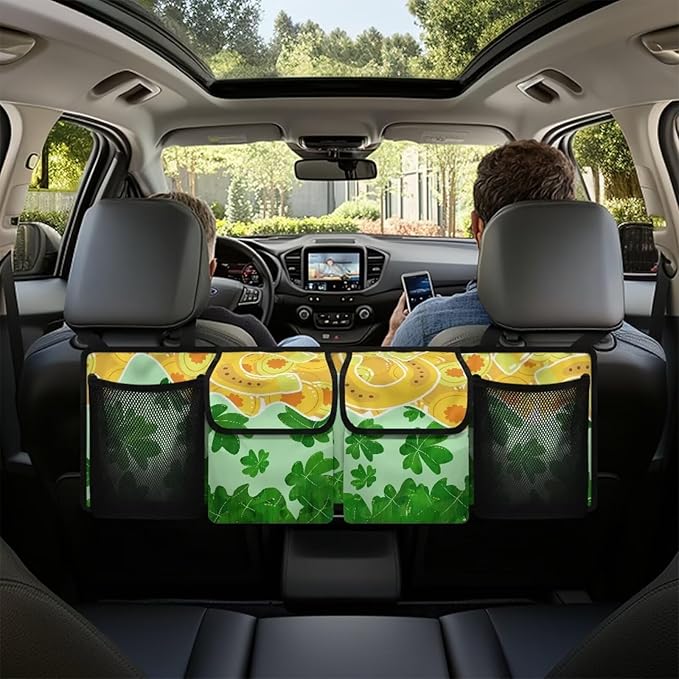 St. Patrick Day Car Trunk Organizer Green Leaves＆Horseshoes Hanging Cargo Storage Bag Cargo Bag,Easy to Install,Add to the Festive Atmosphere