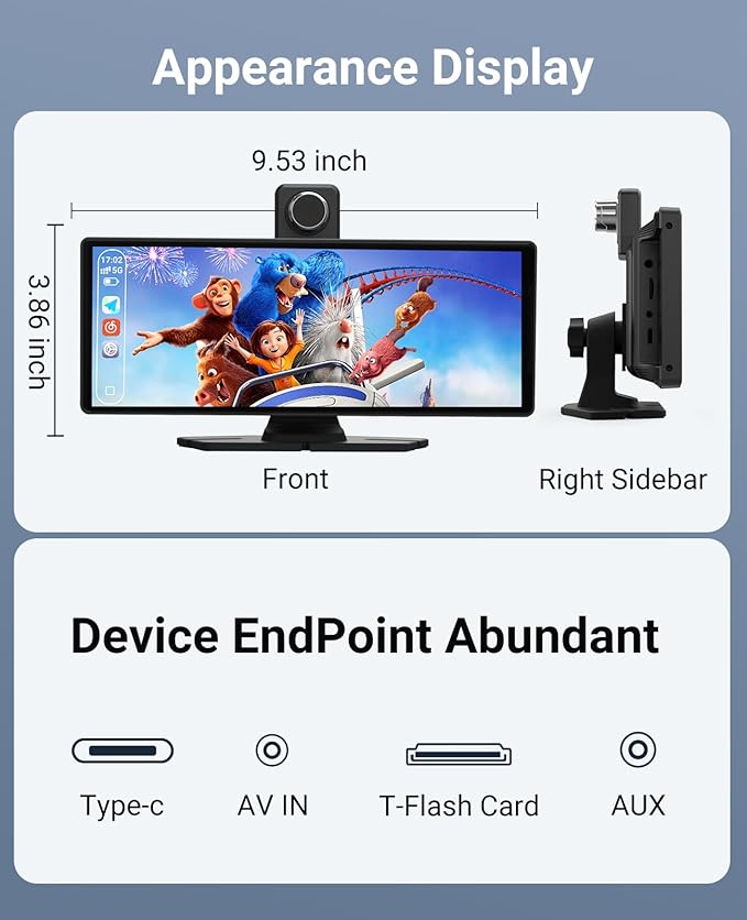 Wireless CarPlay and Android Auto 10.26-inch Touchscreen, 4K Dash Camera and 1080p Backup Camera, Universal Portable car Display, Equipped with 64G Memory Card
