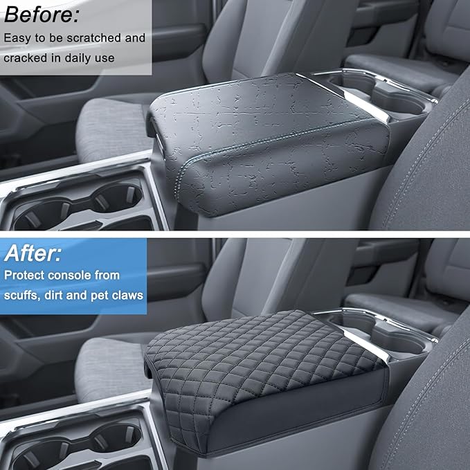 PIMCAR Center Console Cover for 2023 2024 2025 2026 Ford F250 F350 F450 F550 Super Duty, PU Leather Armrest Cushion Protector Anti-Scratch (Fits Bucket Seat Console Only)