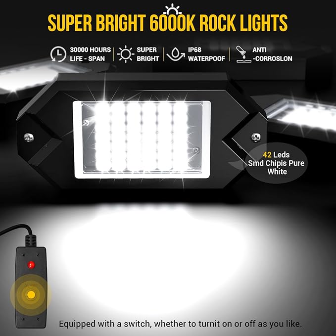 Hovano 8Pods Alloy White Rock Lights Kits with Extension Wires,6000K Pure White Color 42 LED Super Bright Chips IP68 Waterproof Underglow Kit for Pickup Off Road Trucks SUV ATV UTV Golf Car Boat