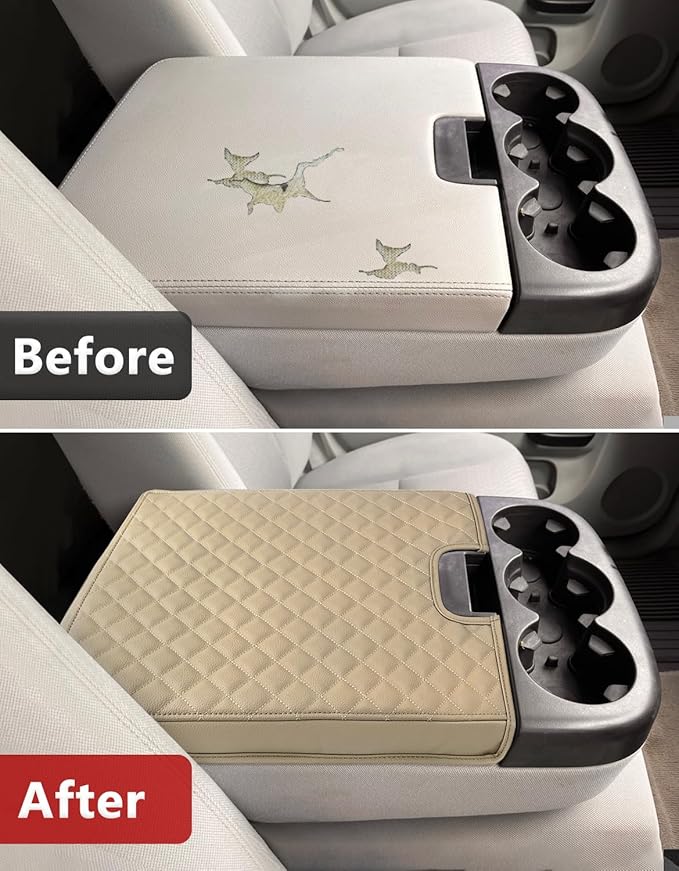 KBH Center Console Armrest Cover for 2007-2013 Chevy Silverado & Tahoe & Suburban, GMC Sierra & Yukon, Middle Console Lid Cushion, PU Leather, Anti-Scratch, Beige (Fits Jump Seat Console)