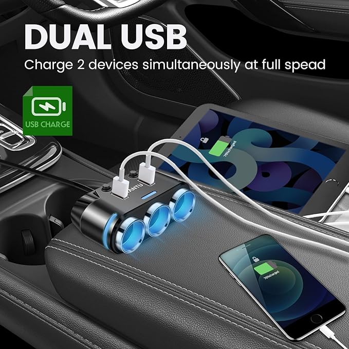 YANTU Cigarette Lighter Adapter & Splitter with 150W 3-Sockets & LED Ambient Lighting, Dual USB Fast Charging Car Outlet 12V, Car Cigarette Lighter Socket Plug Extension for Vehicles
