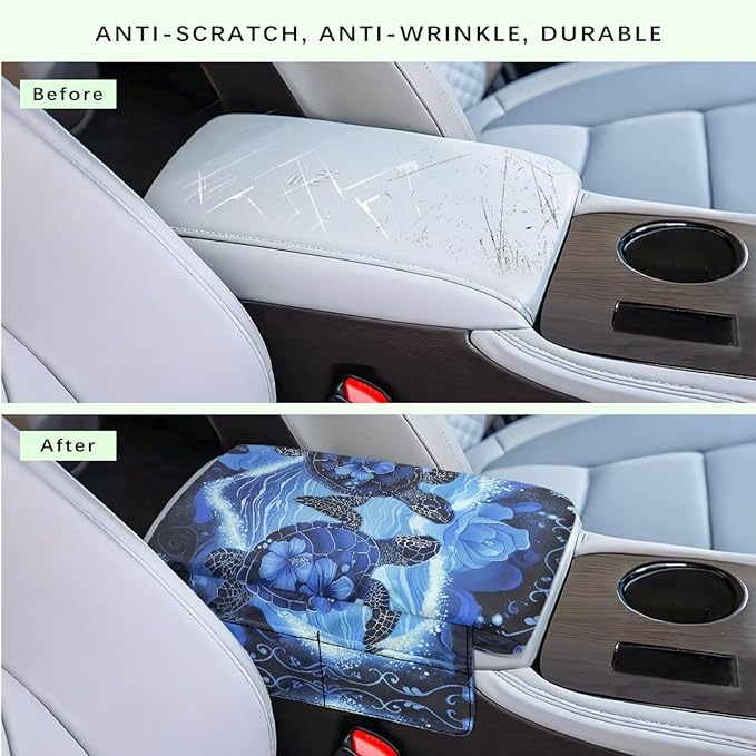 Wanyint Sea Turtle Hibiscus Car Center Console Cover Soft Armrest Cover Cushion with Pockets Storage Bag Scratch Resistant Arm Rest Covering Middle Console Pad Car Decor
