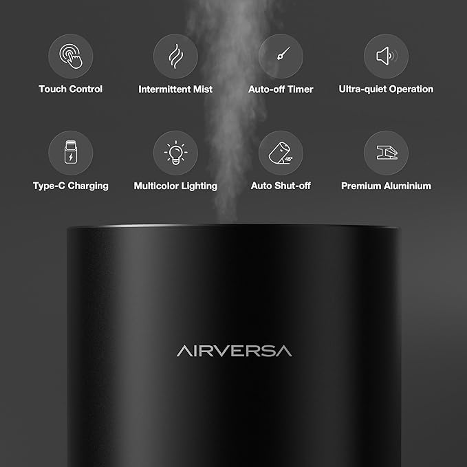 Airversa Waterless Essential Oil Diffuser for Home Room Desk Car Air Freshener Diffuser, Up to 600 sq ft, Battery Operated, Mist Level and Timer Settings, 100mL Capacity, Cold Air, RD1 Titanium