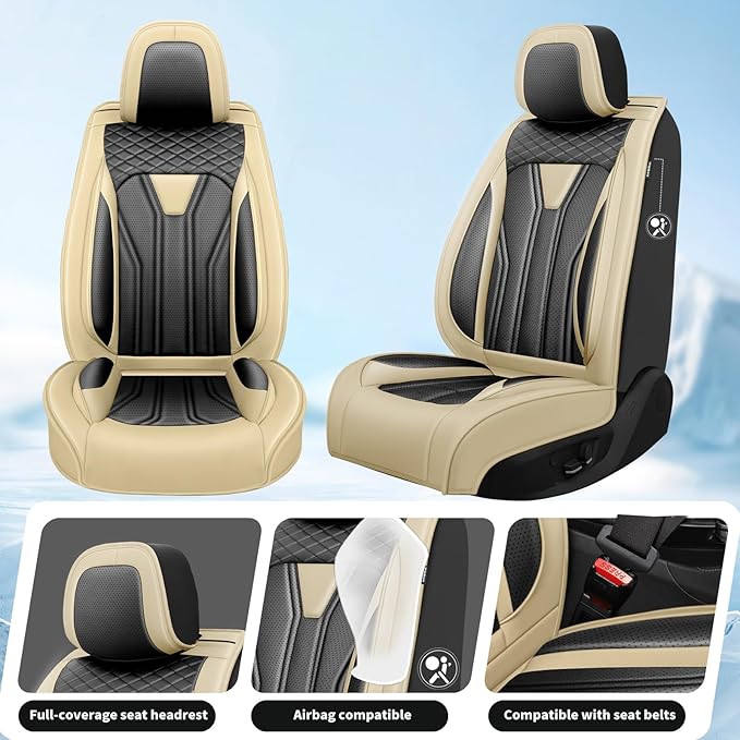 Fit Leaf Car Seat Covers Compatible with Nissan Leaf 2012-2025 2026 - Full Set Premium Leather， Waterproof Breathable， All-Weather Seat Cushion Protecto&Airbag Compatible （Beige & Black