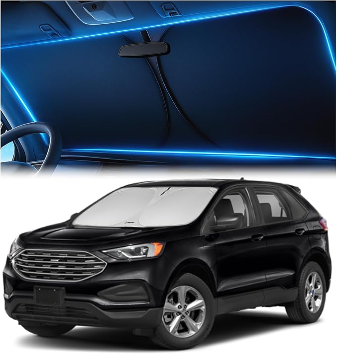 Windshield Sunshade for Ford Edge 2015-2024 – Upgraded Double-Layer Design, Mirror Cut-Out, Blocks 99% UV Rays, Thick & Durable, Easy-Fold Ford Edge Windshield Sun Shade