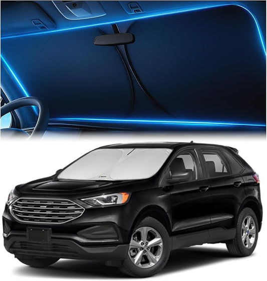 Windshield Sunshade for Ford Edge 2015-2024 – Upgraded Double-Layer Design, Mirror Cut-Out, Blocks 99% UV Rays, Thick & Durable, Easy-Fold Ford Edge Windshield Sun Shade