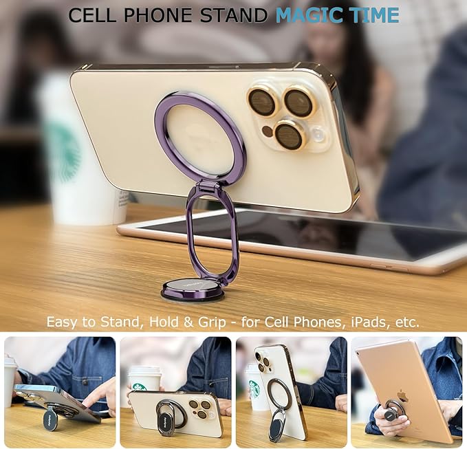 Doflyesky Magnetic Phone Ring Holder, Double Adjustable Phone Grip and Stand Compatible with MagSafe Ring Holder, Compatible with PopSockets MagSafe Ring Removable for iPhone & Android Phone, Purple