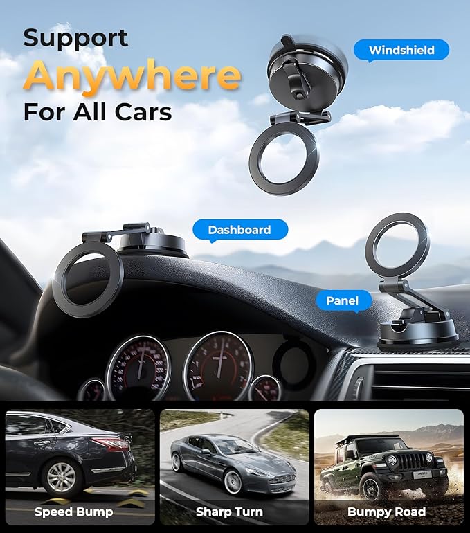 【Vacuum Suction Folding Car Mount】Magnetic Car Phone Holder for magsafe, Aerospace Alloy Arm, Best Dashboard/Windshield/Screen Holder for Your Car/Tesla/Gym/Mirror/Shower/Smooth Surface/iPhone