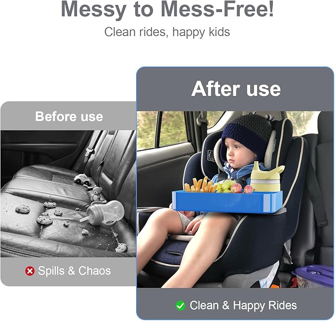 [Pink+Blue] Car Seat Snack Tray for Toddlers - 3 Inch Cup Holder Fits Most Sippy Cups & Straw Bottles with Dip Well, Mess-Free Square Kids Travel Tray Road Trip Essentials, Blue & Pink