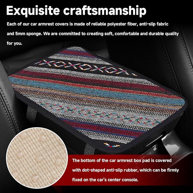 Bohemian Universal Armrest Cover Pad, Car Center Console Cushion, Boho Ethnic Style Auto Armrest Decorative Pad with Elastic Straps, Car Arm Rest Cover Protector for Vehicles (Armrest Cover-A)