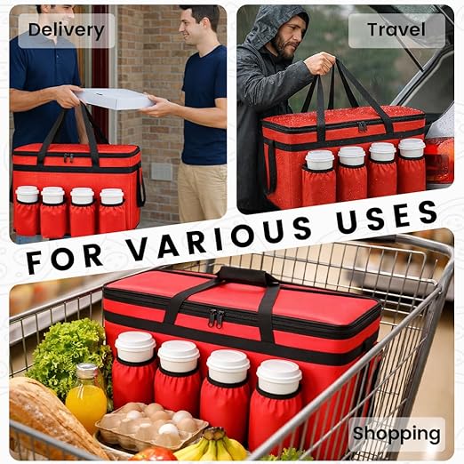 CIVJET Insulated Food Delivery Bag with 4 Cup Holders, XX-Large Insulated Grocery Bags Keep Food Hot/Cold, Cooler Bags with Drink Carrier, Food Carrier Catering Bag, Commercial Food Warmer Bag, Red