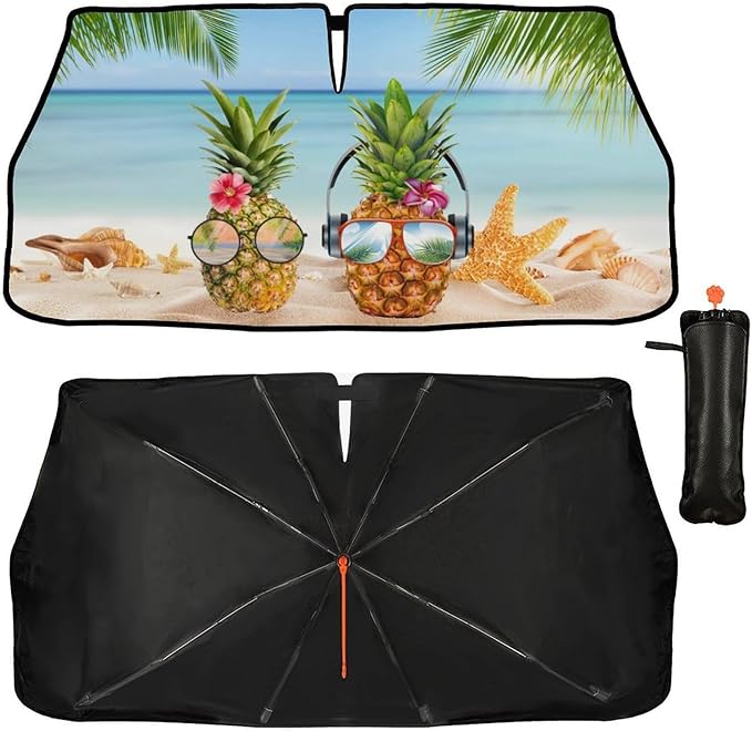 CHILL·TEK Funny Car Windshield Sun Shade Umbrella, Hawaiian Pineapple Car Sun Shade Umbrella, Block UV Rays Heat Foldable Windshield Umbrella Sun Visor Protector - Keep Vehicle Cool for Cars SUV
