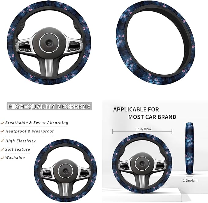 Blue Butterfly Print 6pcs Car Steering Wheel Cover Set Flower Cup Coaster Handbrake Gear Cover Armreat Cushion Car Interior Decor Protector Fit for SUV Truck Sedan