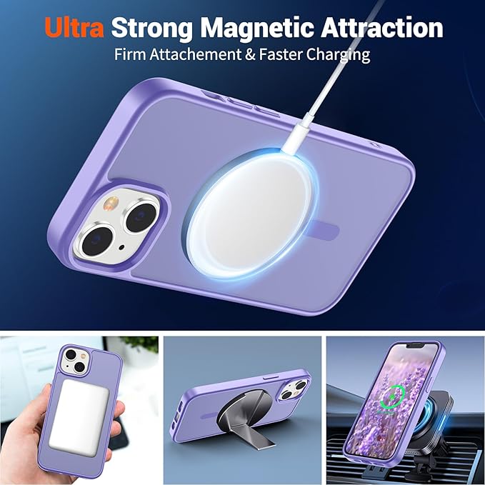 SUPFINE Magnetic for iPhone 14 Case & iPhone 13 Case (Compatible with MagSafe)(Military Grade Drop Protection) Translucent Matte Shockproof Phone Cover,Purple