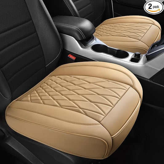 CAR PASS 2 Pack Leather Front Car Seat Covers, Bottom Seat Covers Full Wrapped with Storage Pocket, Anti-Slip Leather Seat Protectors,Waterproof Seat Cushion Universal Fit Sedan SUV Truck, Light Beige