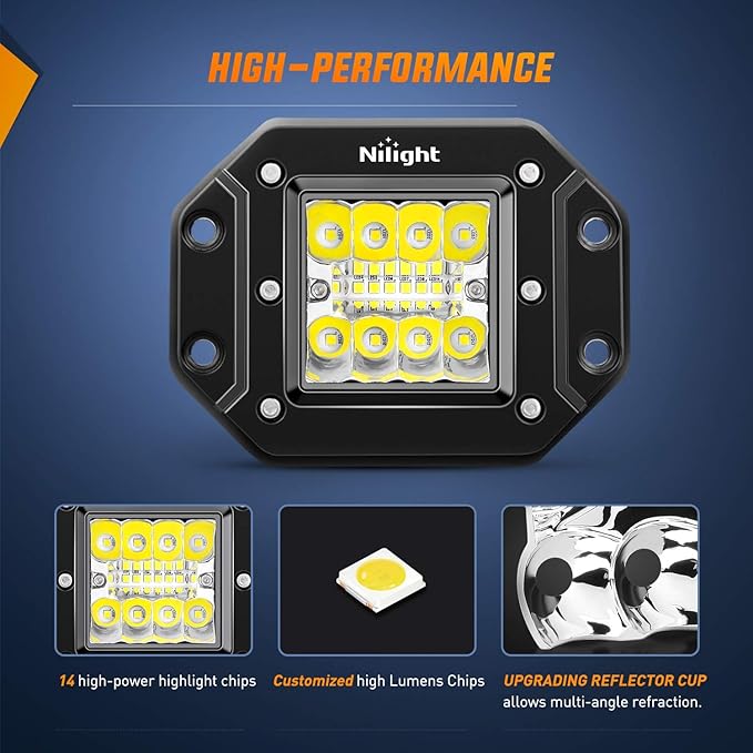 Nilight 2PCS 42W Flush Mount LED Pods Spot Flood Combo Beam Driving Backup Reverse Light Grill Mount with Wiring Harness Kit -2 Leads (ZH413)