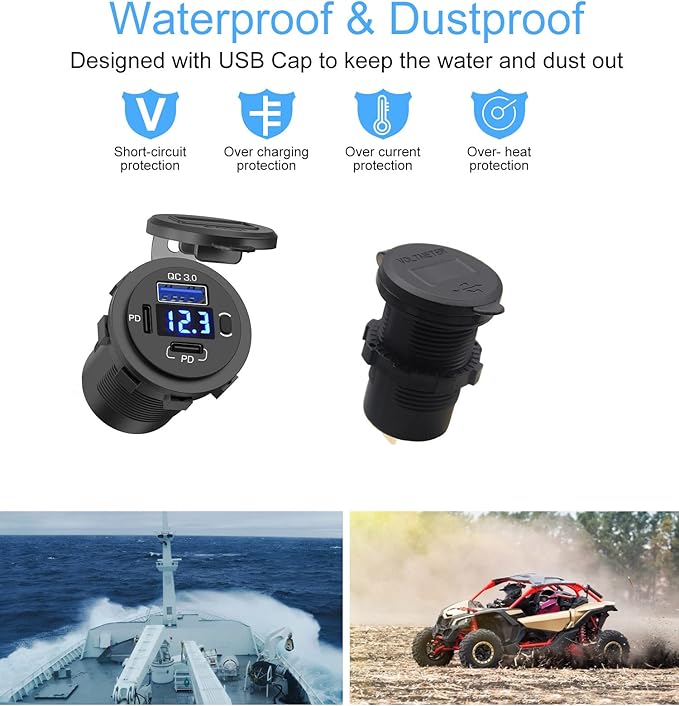 12V USB Outlet, Dual USB C Car Charger Socket & Quick Charge 3.0 Port with Voltmeter and Power Switch for Car Boat Marine Truck