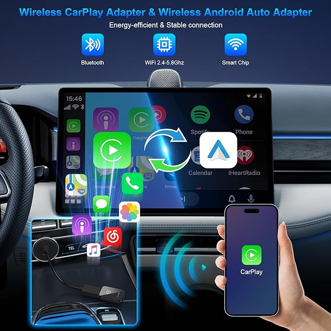 2025 Upgrade Mini CarPlay Wireless Adapter Support Apple CarPlay & Android Auto,Convert Wired to Wireless CarPlay Adapter,Stable Control & No Delay,2 in 1 Wireless Android auto Box for Cars from 2016