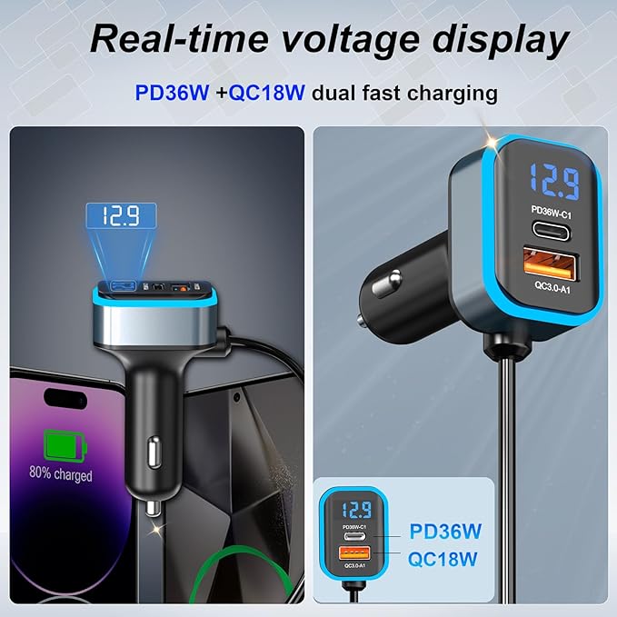 Cigarette Lighter Splitter Adapter 360W: Car 12v Splitter 3 Socket Car Charger Extension Triple USB C 36W and QC3.0 18W Ports 12 Volt Power Outlet DC with Button Switch LED Voltmeter 15A Fuse