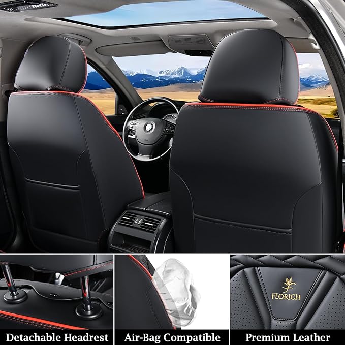 FLORICH Seat Covers for Cars, Waterproof Seat Covers, Leather Car Seat Covers 2 Pack, Universal Seat Cushion Protector for Most Cars Trucks SUV-Black&Red Line