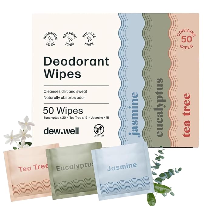 Dew Well Refreshing Deodorant Wipes, Refresh Body Deodorant Wipes, A Fresh Start When You’re On the Go, Aluminum, Paraben, and Sulfate Free, Variety Pack (Tea Tree, Eucalyptus, Jasmine)