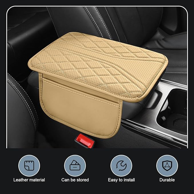 Car Center Console Cover, Leather Auto Armrest Cover with 2 Storage Bags, Universal Cars Armrest Cushion, Vehicle Interior Accessories Protector for Sedan, SUV, Truck((Beige)