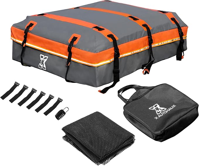 X AUTOHAUX 1000D PVC Waterproof Car Roof Bag Rooftop Cargo Carrier Bag Luggage Carriers for Cars with or without Rack Anti-Slip Mat 6 Door Hooks Set Gray - 20 Cubic Feet