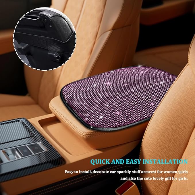 Bling Car Center Console Cover, Car Armrest Cover, Diamond Rhinestone Auto Center Console Cover Protector, Universal Arm Rest Cushion Pads Car Interior Accessories for Vehicles, SUVs (Pink)