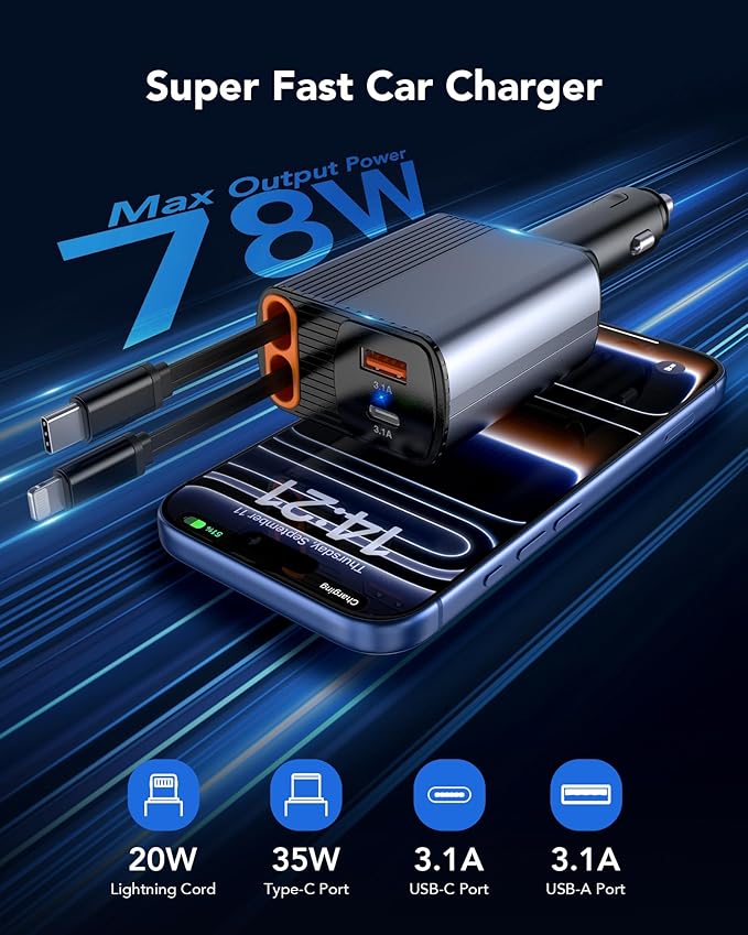 2026 Updated 78W Retractable Car Charger,4-in-1 Car Charger with 2.6ft Dual USB-C & Lightning Cables,2 Ports Car Accessories Fast Charging,180° Rotation Car Charger for iPhone, Samsung,Galaxy, Pixel