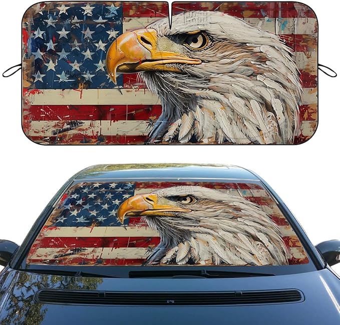 Bald Eagle American Flag Car Windshield Sunshade Folding, UV Rays Sun Shade Visor Protector, Universal Fit for SUV, Truck, Sedan, Easy to Install and Remove
