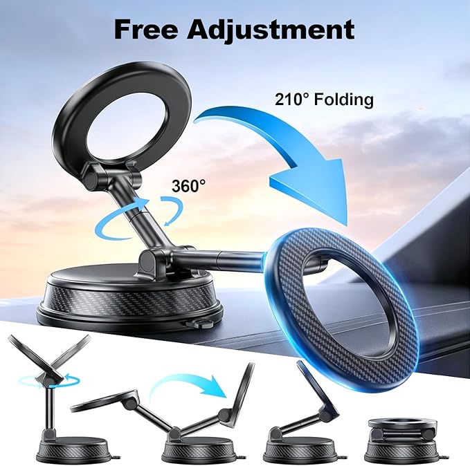 Black Magnetic Phone Holder for Car, Vacuum Suction & 3000gf Magnet, 360° Adjustable Dashboard Mount, Compatible with iPhone & Android