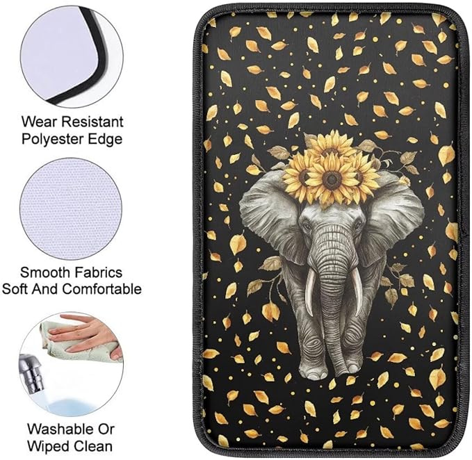 Suobstales Elephant Sunflower Leaf Print Car Armrest Pad Soft Center Console Arm Rest Protector Cover Universal Car Interior Accessories Decoration
