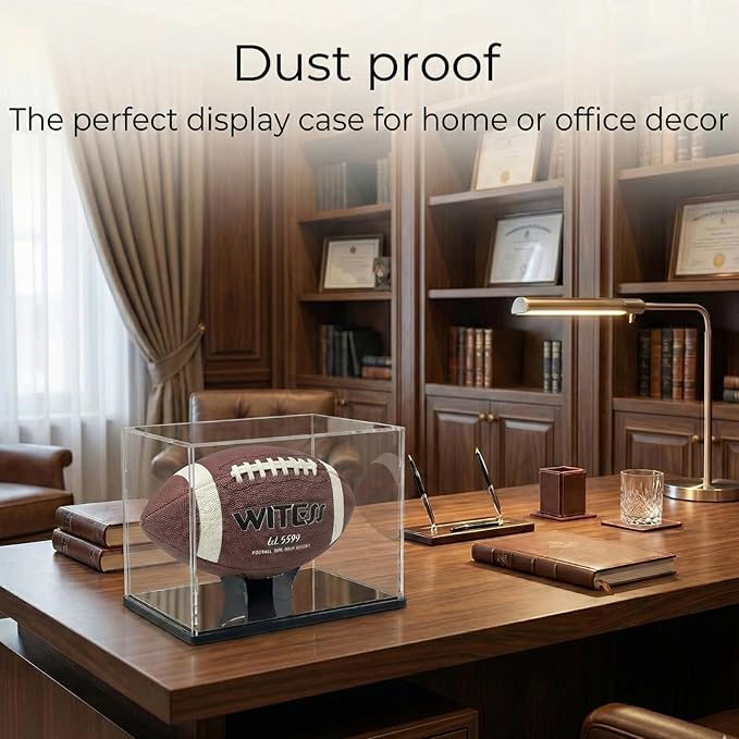 Acrylic Football Display Case with Ball Holder Base – a Memorabilia Showcase Storage Box Designed for Full-Size Football Collectibles. Perfect for Sport Lovers to Display Their Footballs