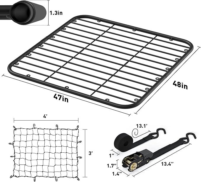 WILDROAD Car Roof Platform, Universal Roof Flat Rack 48" x 47" x 1.3" Heavy Duty Roof Rack Platform with Super Duty Bungee Cargo Net, Ratchet Straps and Anti-Rust Sealant Fits for SUV Truck Cars