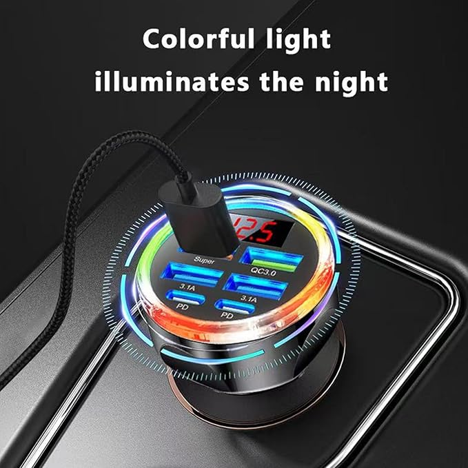 Super Fast Charge USB C Car Phone Charger Adapter 6 in 1 with Voltage Display, 250W Multi Port Cigarette Lighter USB Charge for iPhone 17 16 15 14 13 12 11 Samsung Galaxy Huawei Oneplus Oppo Vivo