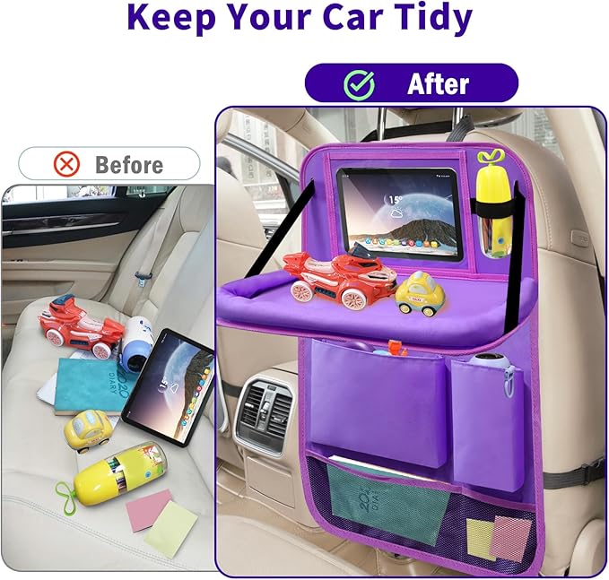 Car Backseat Organizer with Tray, Seat Back Table Holder with 6 Storage Pockets, Car Seat Back Protectors Kick Mats Travel Accessories, 1 Pc Purple