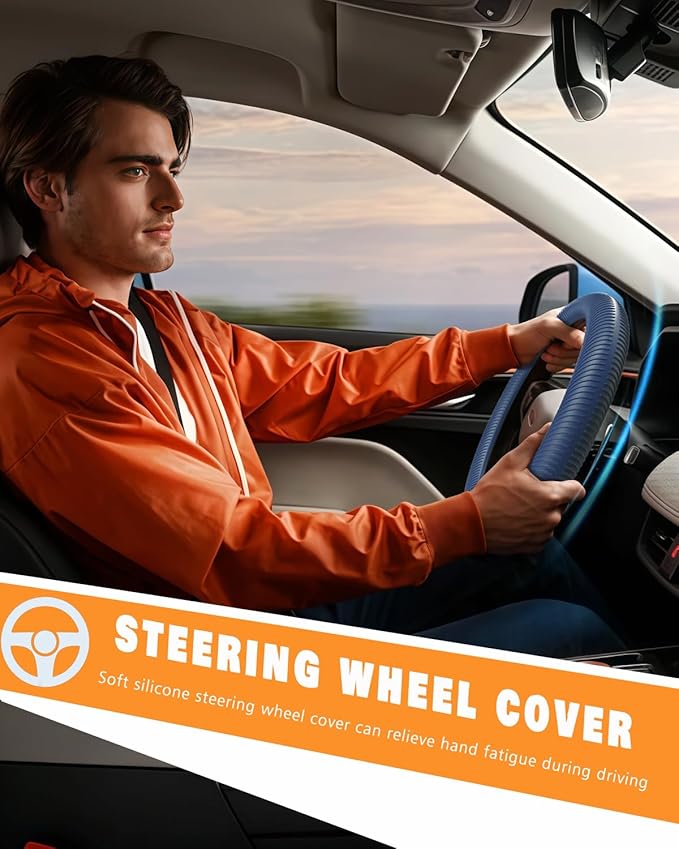 WOCOCN Car Steering Wheel Cover, Thin Anti-Skid Silicone Steering Wheel Cover for Men & Women, Universal Automotive Interior Accessories for Most Cars (Dark Blue)
