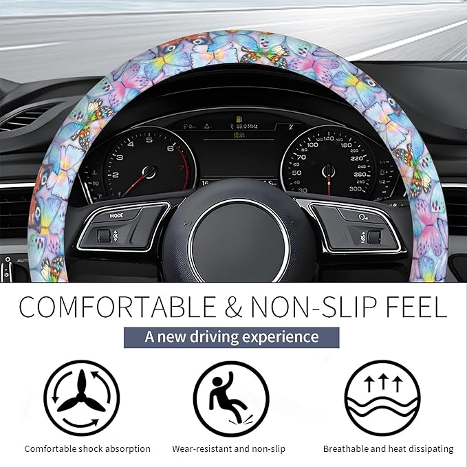 Steering Wheel Covers for Car, Truck, and SUV, Cute Non-Slip Breathable Elastic Steering Wheel, Car Accessories, Universal 15 Inch Leather Cover for Men Women Colorful Butterflies