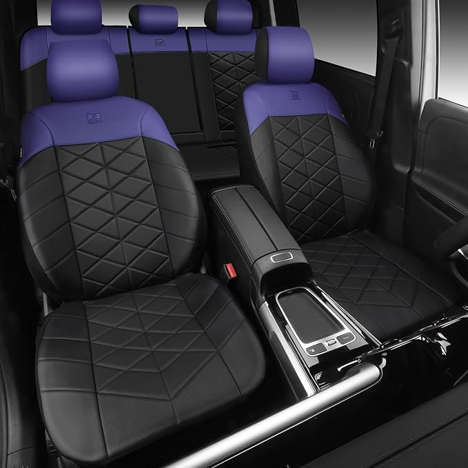CAR PASS Nappa Leather Seat Covers for Car, Waterproof Seat Covers Full Set, Luxury 3D Rhombus Lined Sponge Airbag Compatible Universal Fit for Automotive SUV Truck Pickup Sedan, Black Blue