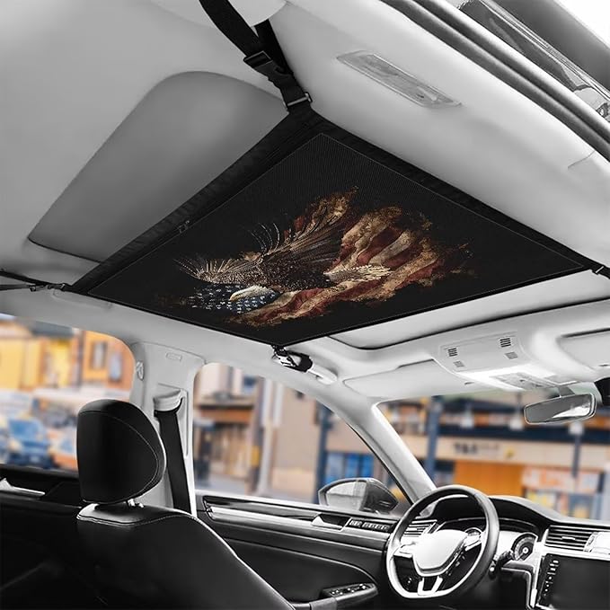 Generic American Flag Eagle Car Ceiling Cargo Net,31.69"x24.02" Reduce Sagging Car Storage Mesh Organizer,Double Layer Roof Mesh Camping Over Landing Gear Cargo Bag,Road Trip Essentials