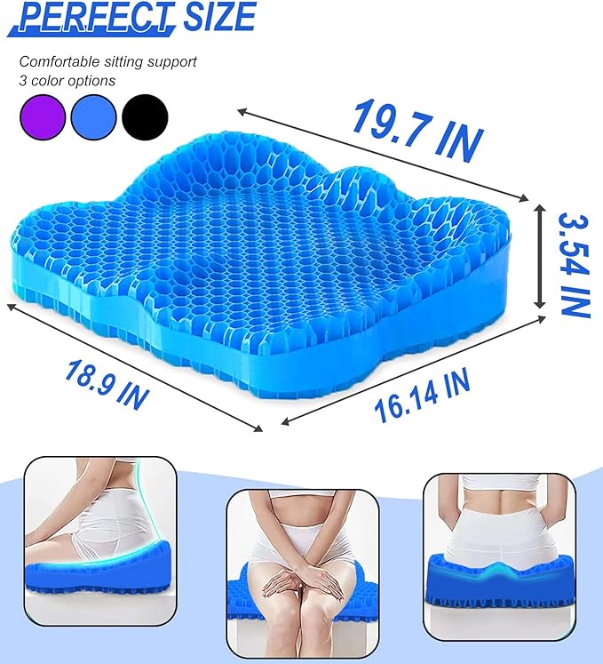 Thicken 19.7in Seat Cushion, Gel Seat Cushion for Long Sitting–Office Chair, Wheelchair, Car Cushion, Large Cooling Pad for Back Pain, Sciatica, Tailbone Pain Relief