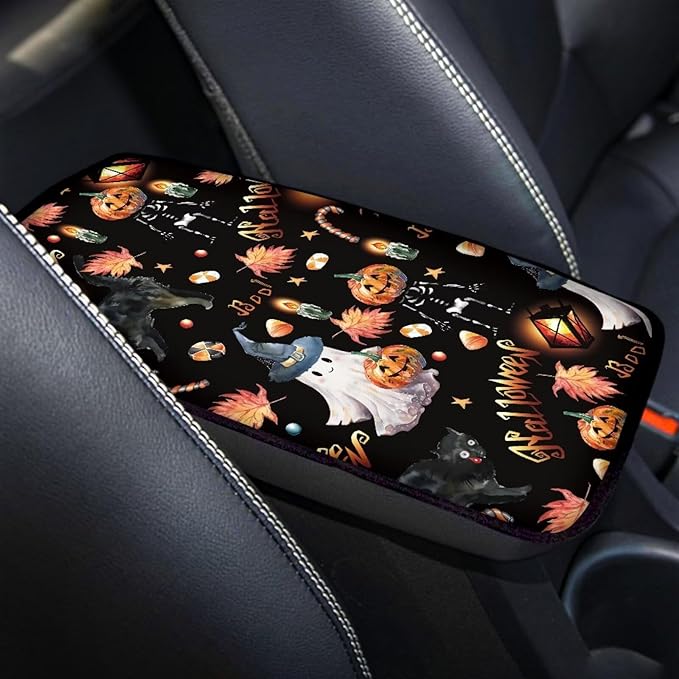 Car Armrest Cushion Pads Halloween Spooky Pumpkins Arm Rest Protector Auto Middle Console Covers Non Slip Universal Fit for Truck Auto SUV Car Accessories