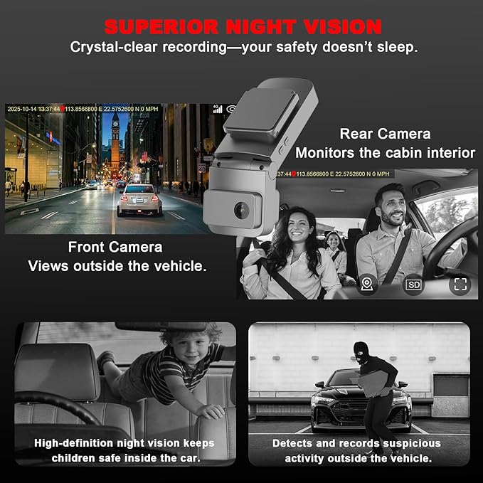 4G LTE Dash Cam with Live Streaming, Car Vandalism Surveillance Security Camera with Dual 155° Front & 180° Inside Camera, GPS Tracking, Radar Detect, G-Sensor, OBD II, 24/7 Parking Monitor