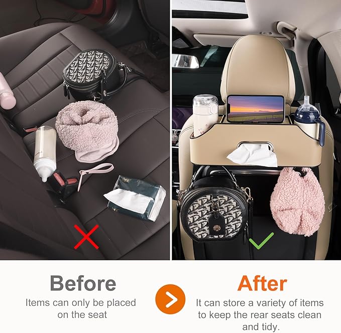 Car Rear Backseat Extra Multifunctional Drink Cup Holder Organizers With Tissue Storage Box Organizer & Hooks For Car Seat Back.Beige